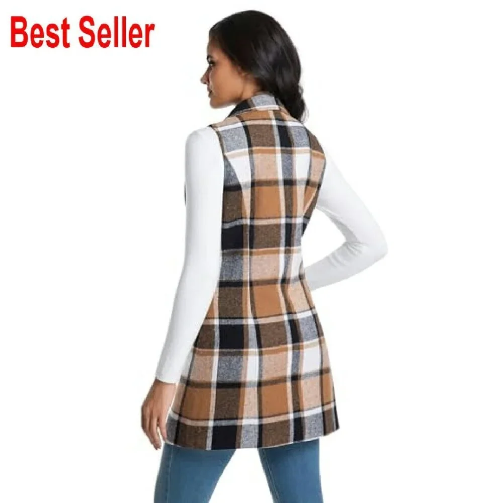 Long Wool Plaid Vest Sleeveless Blazer Trench Coat Classic Chic Fall Winter
